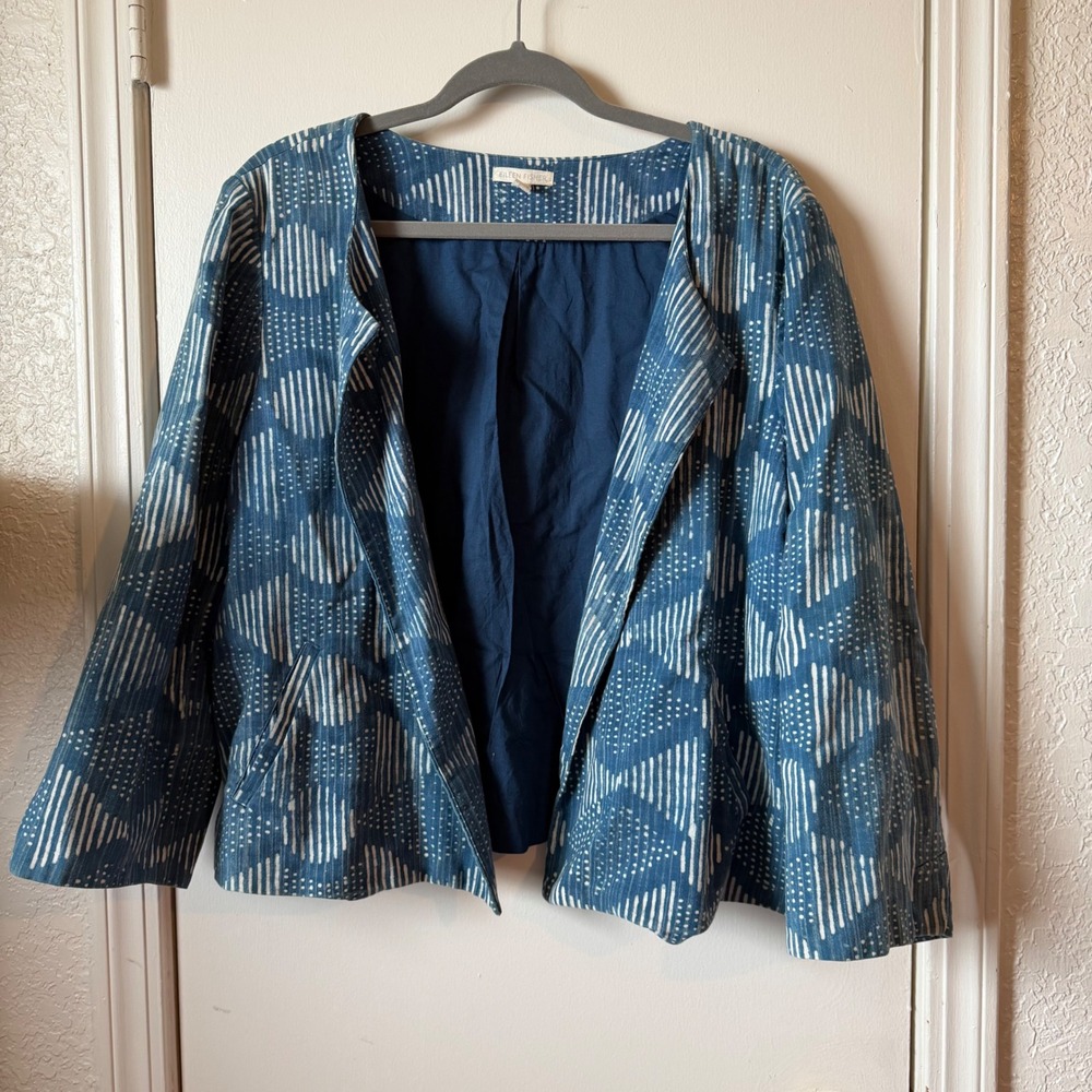 Eileen Fisher Blue Organic Cotton Geometric Open Front Jacket Cardigan XL